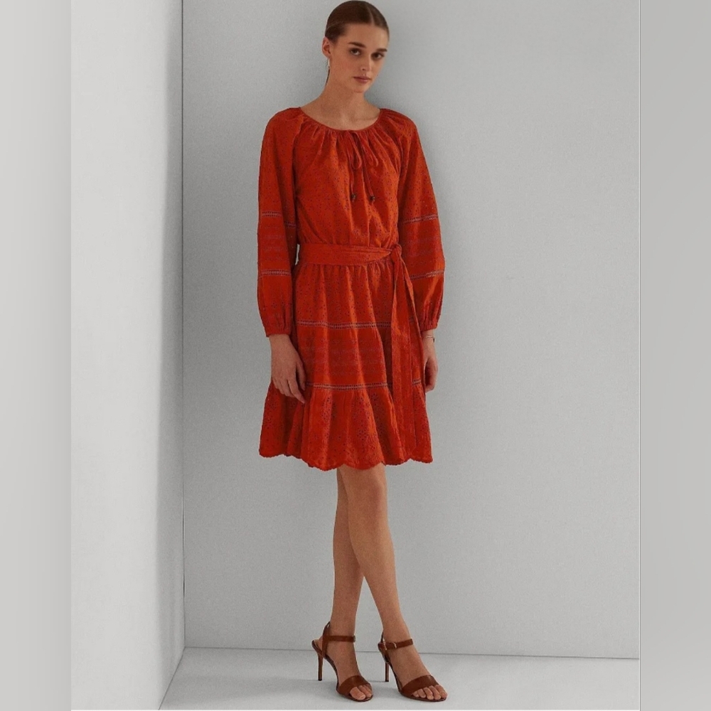 Lauren Ralph Lauren Red Eyelet Mini Dress Broderie Anglaise Belted Sz 10 - Picture 2 of 15